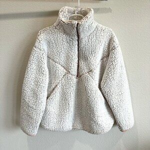 Playing for Keep White & Pink Faux Sherpa Fleece Half Zip Pullover Jacket